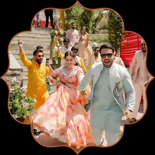 Couple dancing into their celebration with friends
